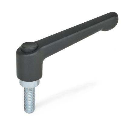 Verstellbare Klemmhebel GN 303.2: Zink-Druckguss, Einsatz Stahl verzinkt, mit Außengewinde, mit Ausrastknopf